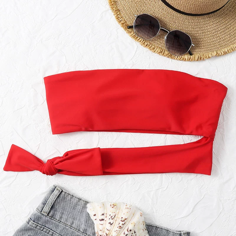 Strapless Bandeau Bikini Top with Wrap-Around Waist Tie