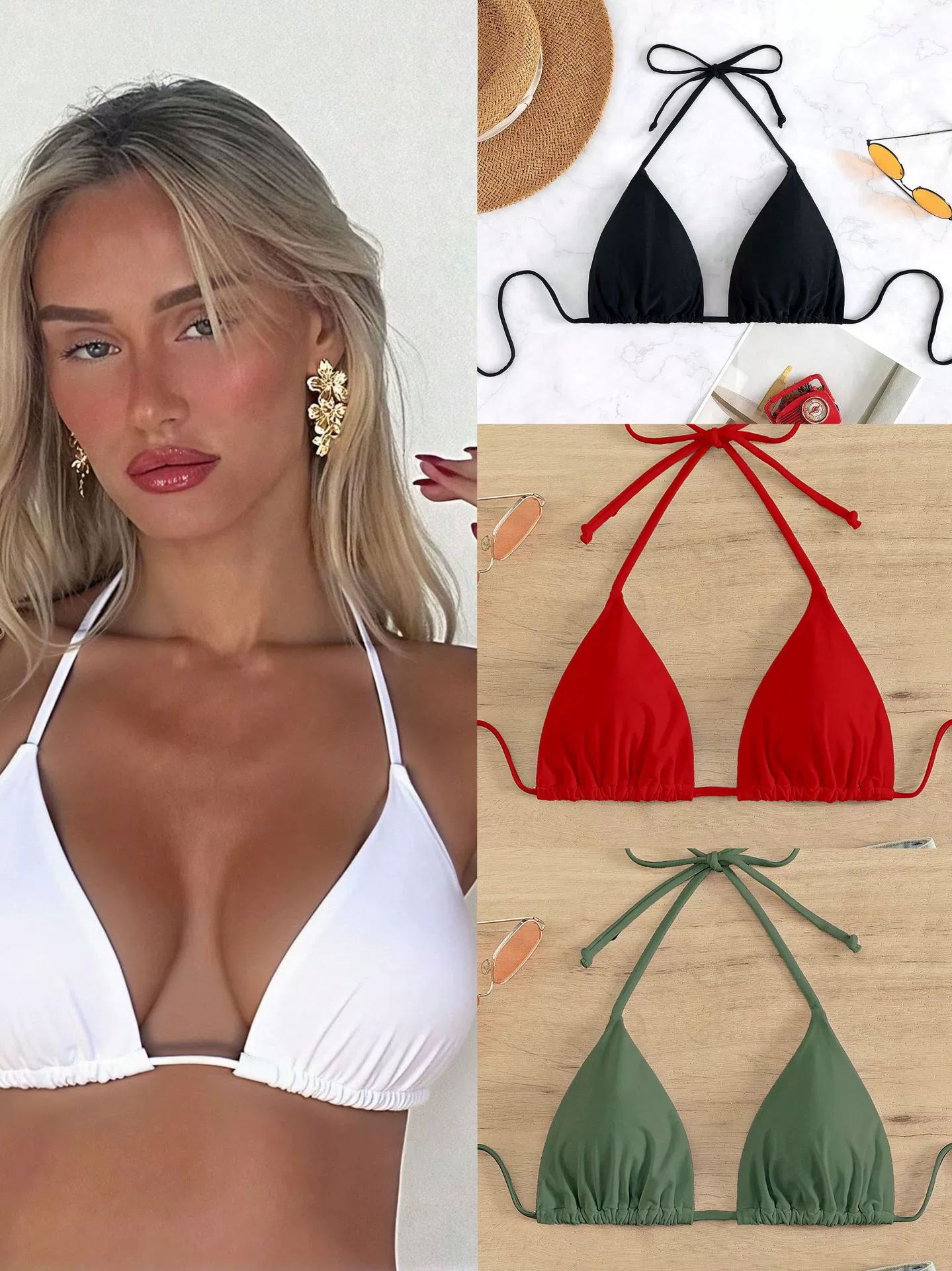 Halter Neck Triangle Bikini Top with Tie Closures