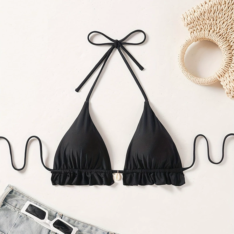 Halter Neck Triangle Bikini Top with Ruffles and Shell Charm view 4