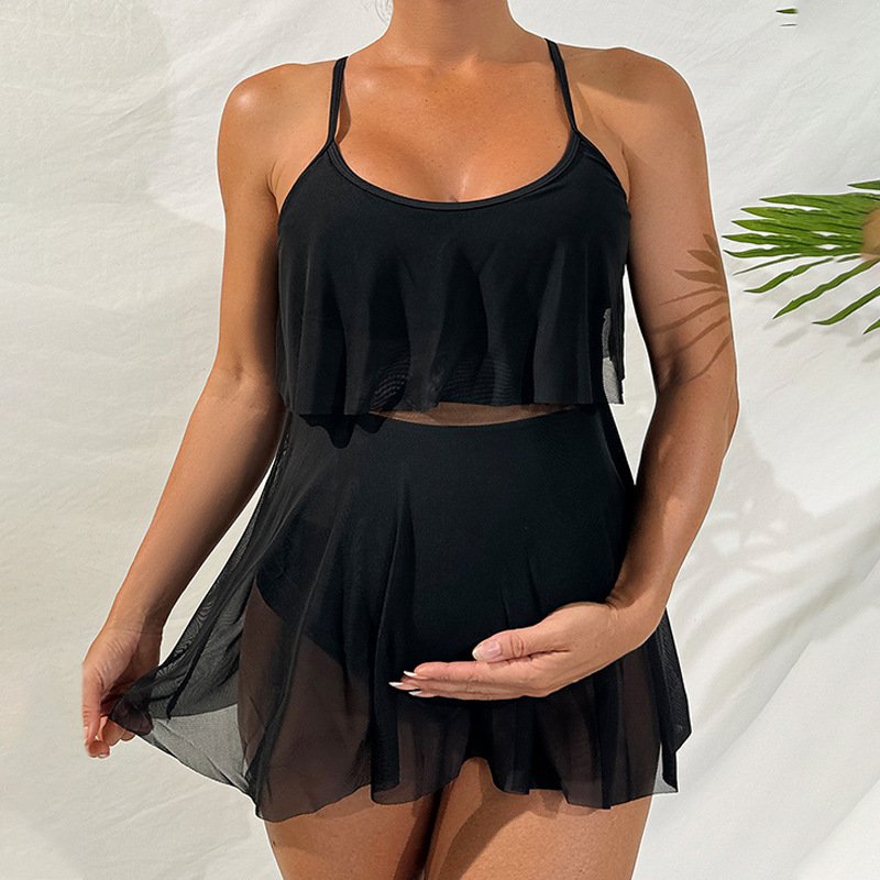 Maternity Tankini Set with Sheer Overlay Skirt