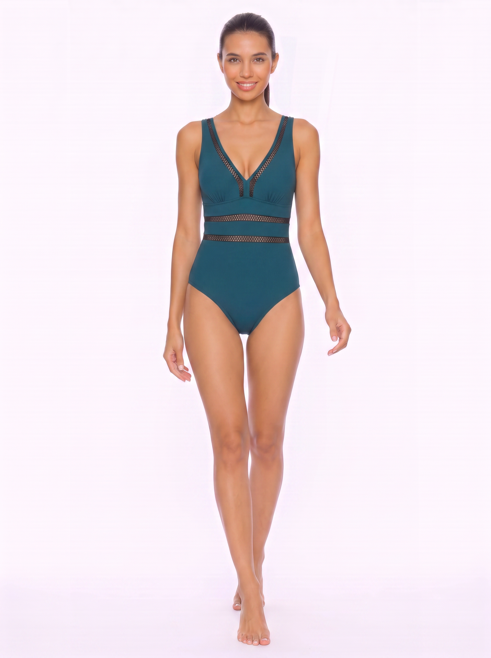 Mesh-Inset Plunge One-Piece Swimsuit