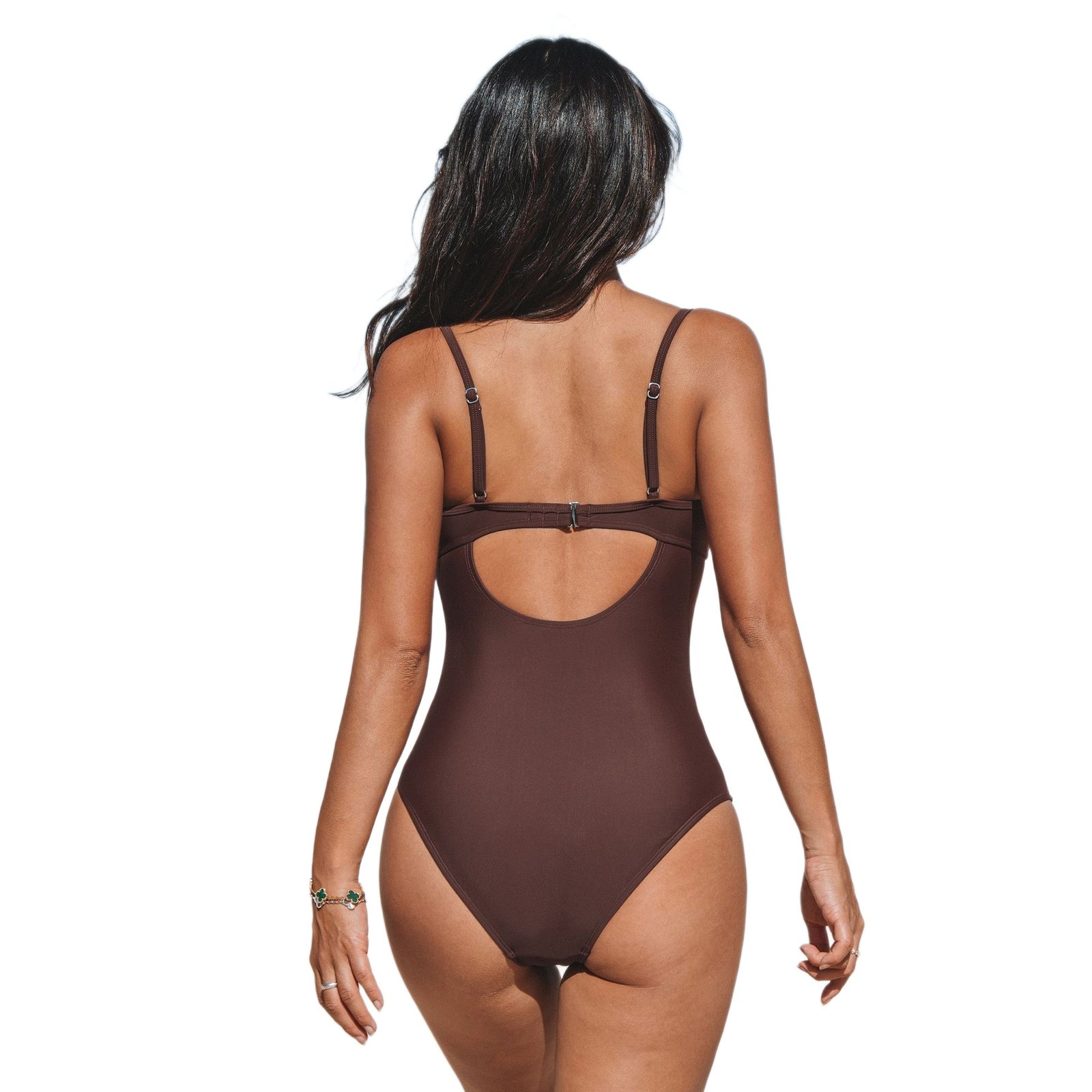 Brown one-piece swimsuit with adjustable straps, back keyhole cutout, and hook closure.