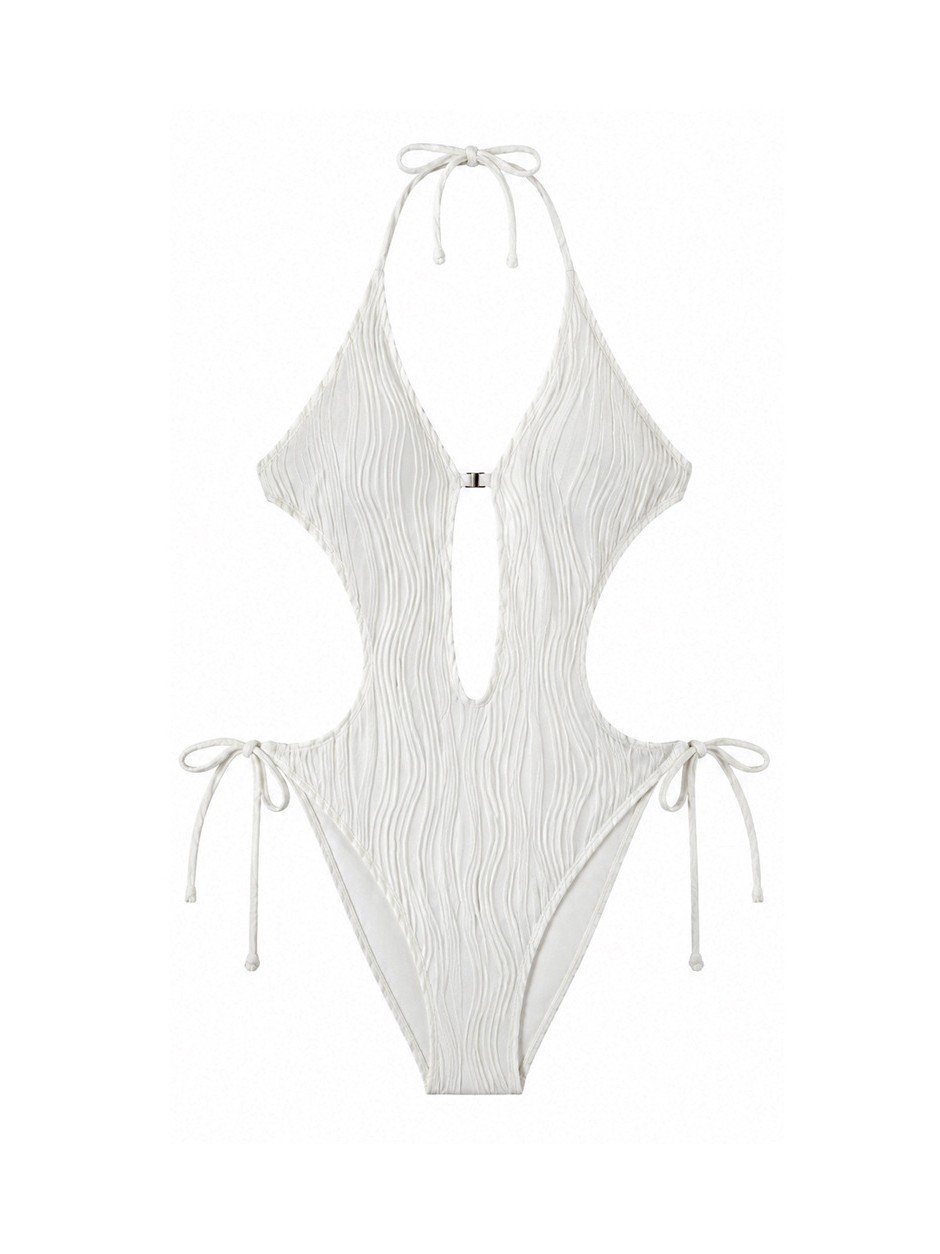 White textured plunge halter monokini with tie-side cutouts and keyhole front.