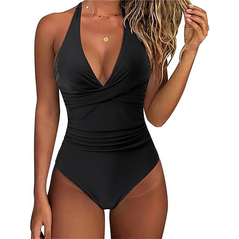 Black one-piece swimsuit featuring a deep V-neck halter top, twist-front bodice, and horizontal ruching at the waist.
