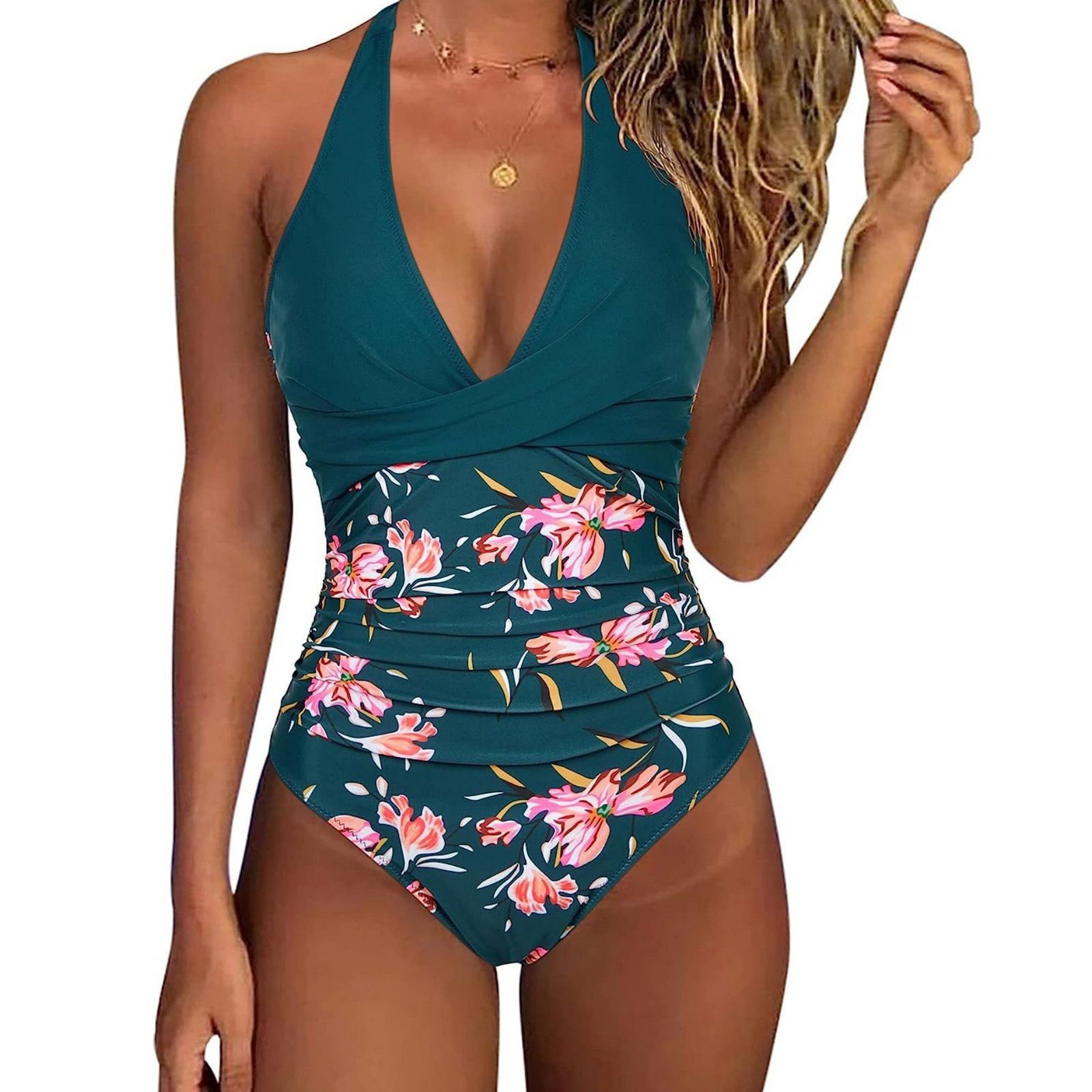 Teal floral print one-piece swimsuit with a deep V-neck halter top, twist-front bodice, and ruched waist.