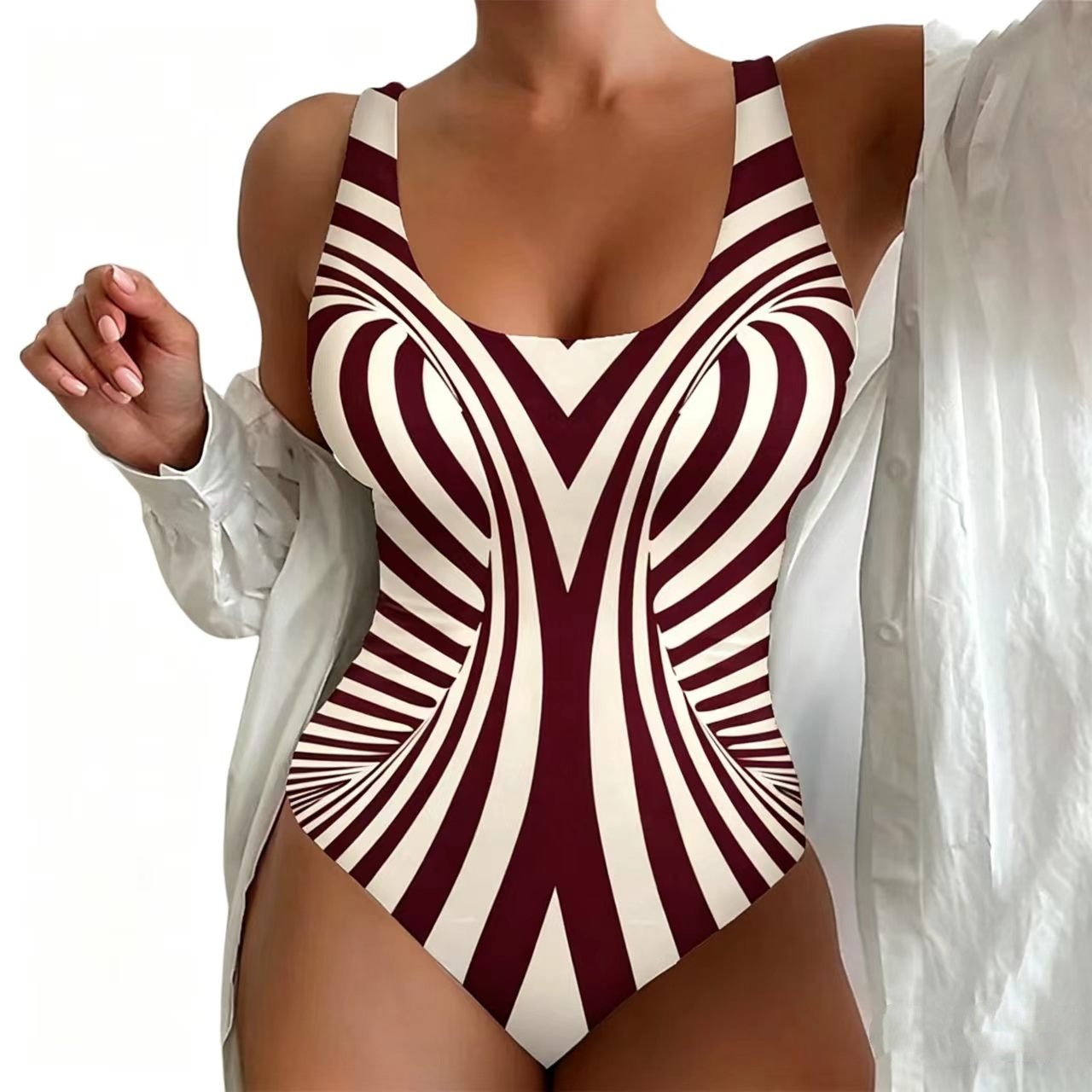 A maroon and white striped one-piece swimsuit with a scoop neckline and wide shoulder straps.