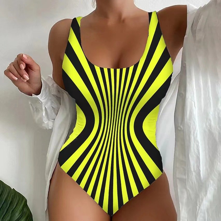 Yellow and black striped scoop neck one-piece swimsuit with wide straps and high-cut legs.