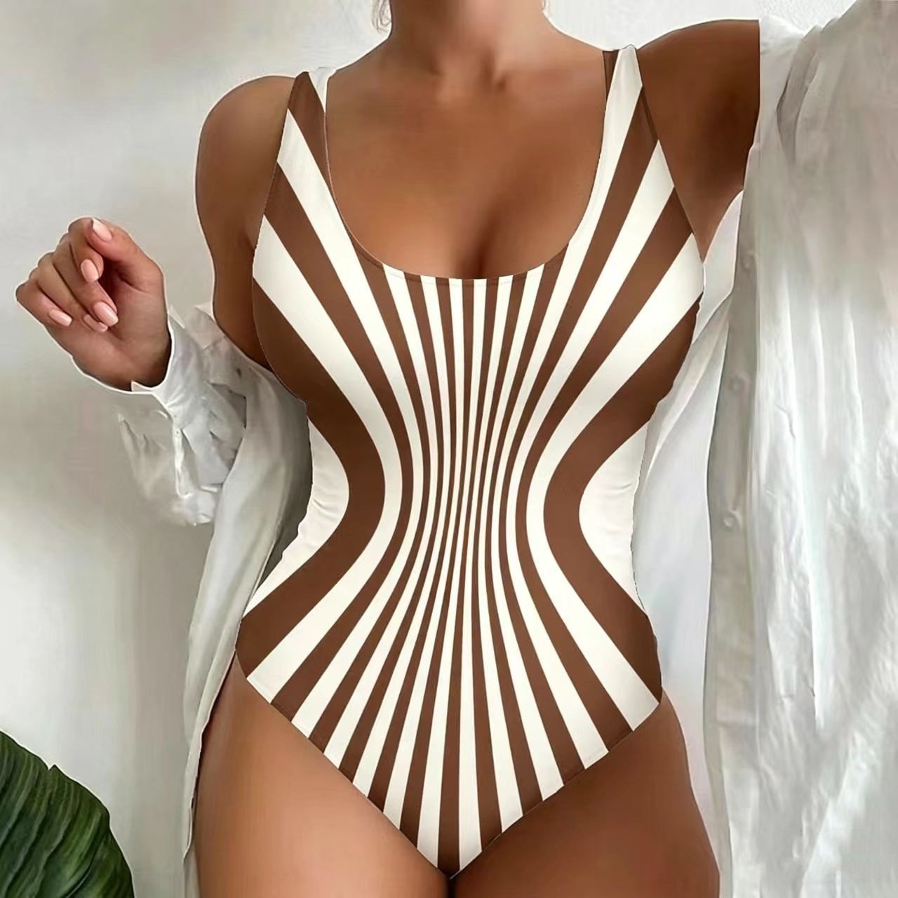 Brown and white striped scoop neck one-piece swimsuit with wide straps and high-cut legs.