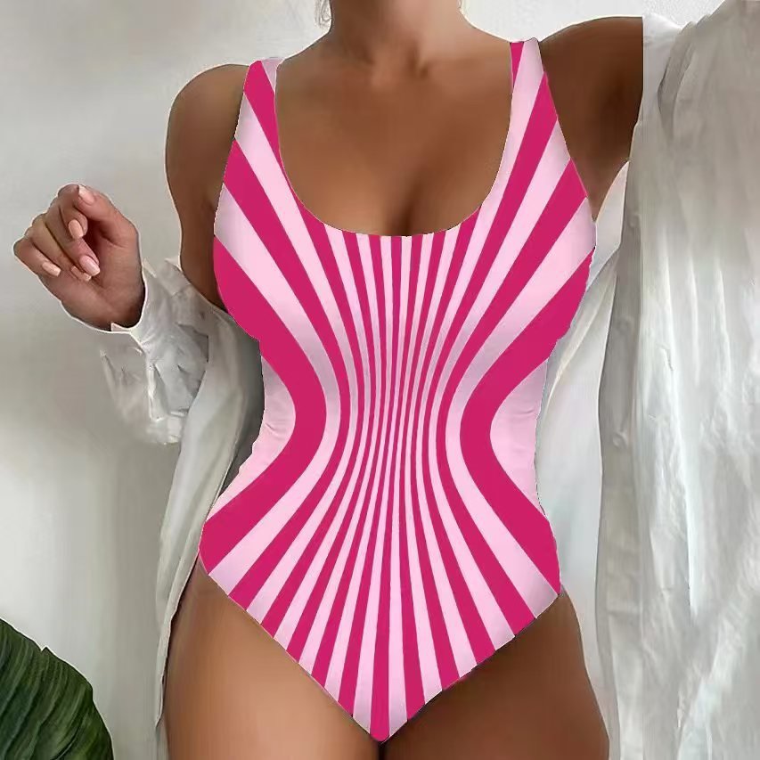 Pink and white striped one-piece swimsuit featuring a scoop neckline and wide shoulder straps.