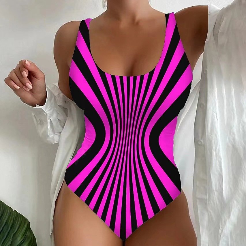 Pink and black optical illusion print one-piece swimsuit with scoop neck and wide straps.