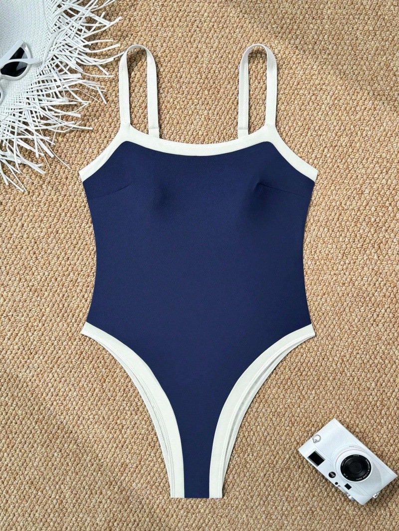 Navy blue one-piece swimsuit with white contrast trim, square neckline, and adjustable straps.