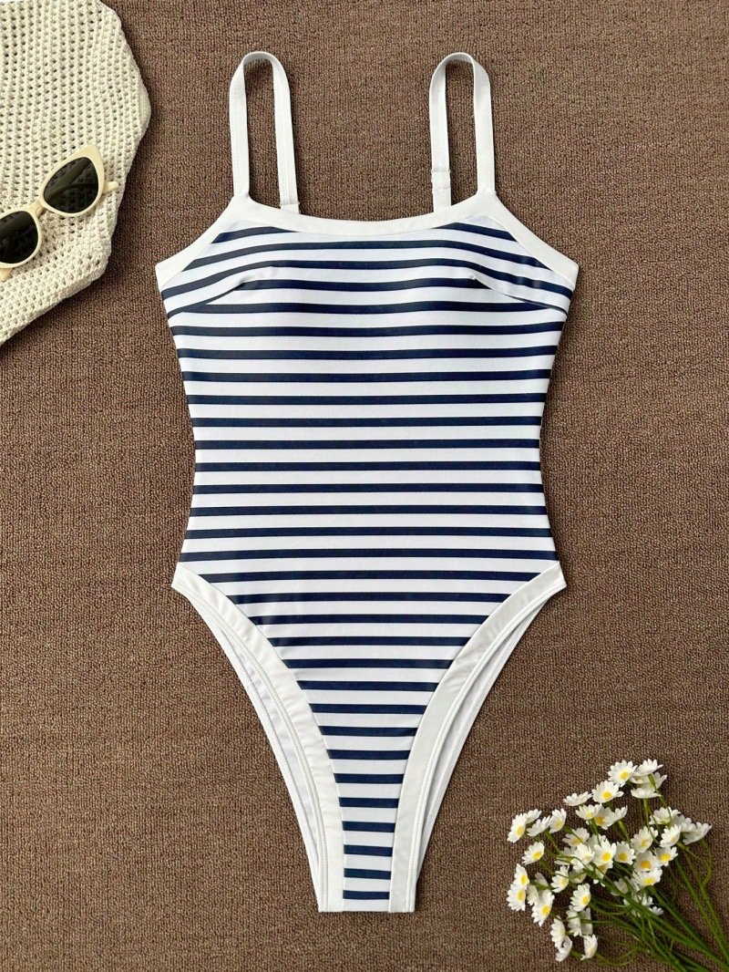 Blue and white striped one-piece swimsuit with square neckline, adjustable straps, and white contrast trim.