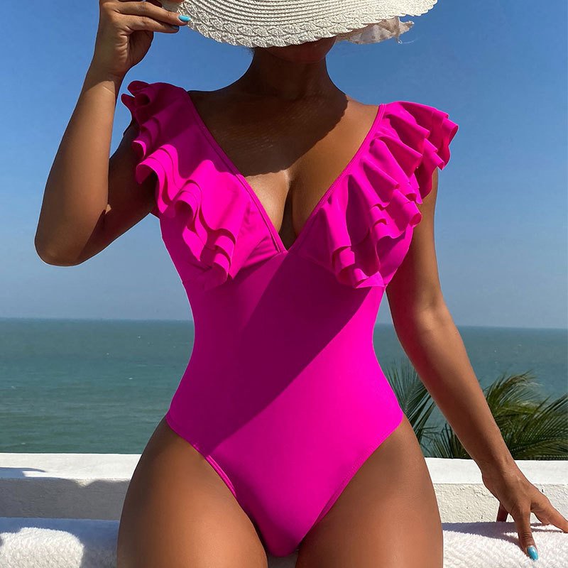 Ruffled V-Neck One-Piece Swimsuit