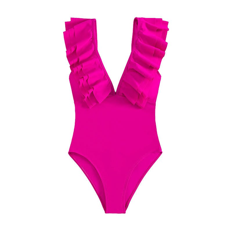 Pink one-piece swimsuit featuring a deep V-neckline and wide ruffled straps.