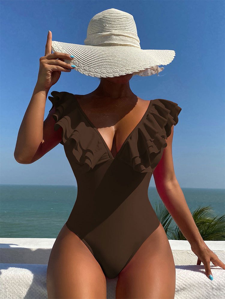 Brown one-piece swimsuit featuring a deep V-neckline and ruffled shoulder straps.