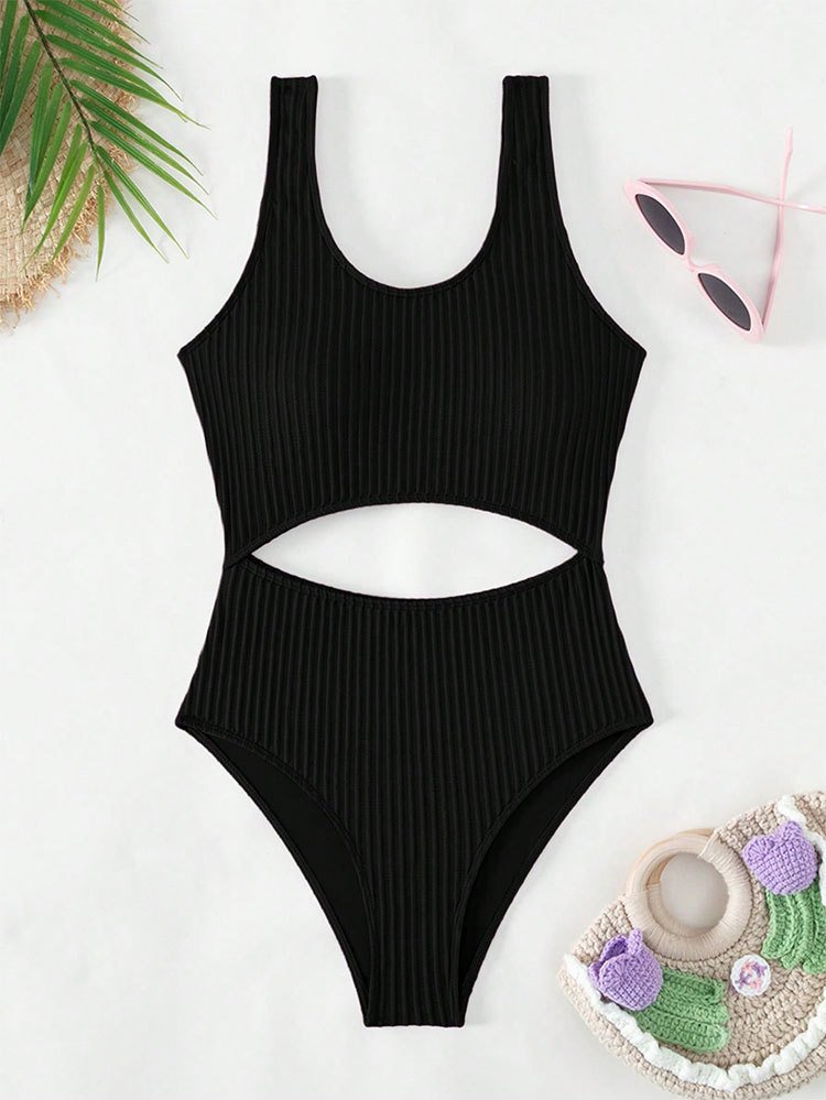 Black ribbed tank one-piece swimsuit with scoop neckline, wide straps, and horizontal waist cutout.