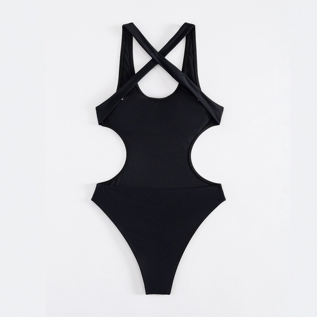 Black one-piece swimsuit featuring wide racerback straps, crisscross back detail, and side waist cutouts.