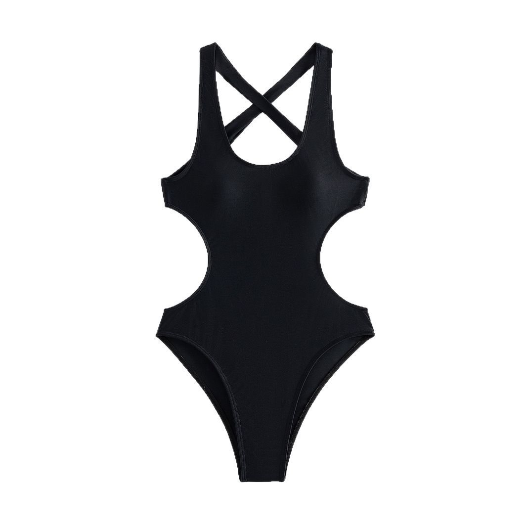 Black one-piece swimsuit featuring crisscross racerback straps and side waist cutouts.