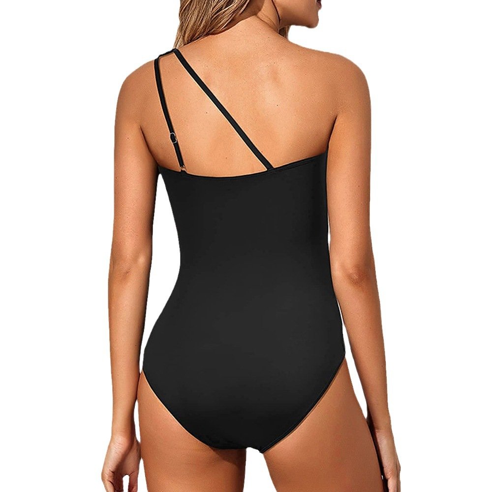 Black one-piece swimsuit featuring a one-shoulder neckline and adjustable crossover back straps.