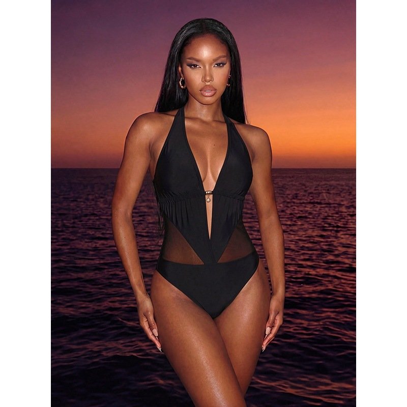 Halter Neck Mesh Panel Plunge One-Piece Swimsuit