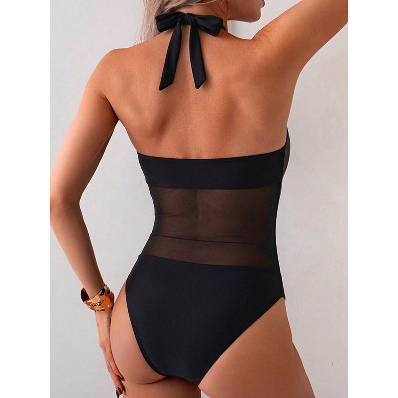 Halter Neck Mesh Panel Plunge One-Piece Swimsuit