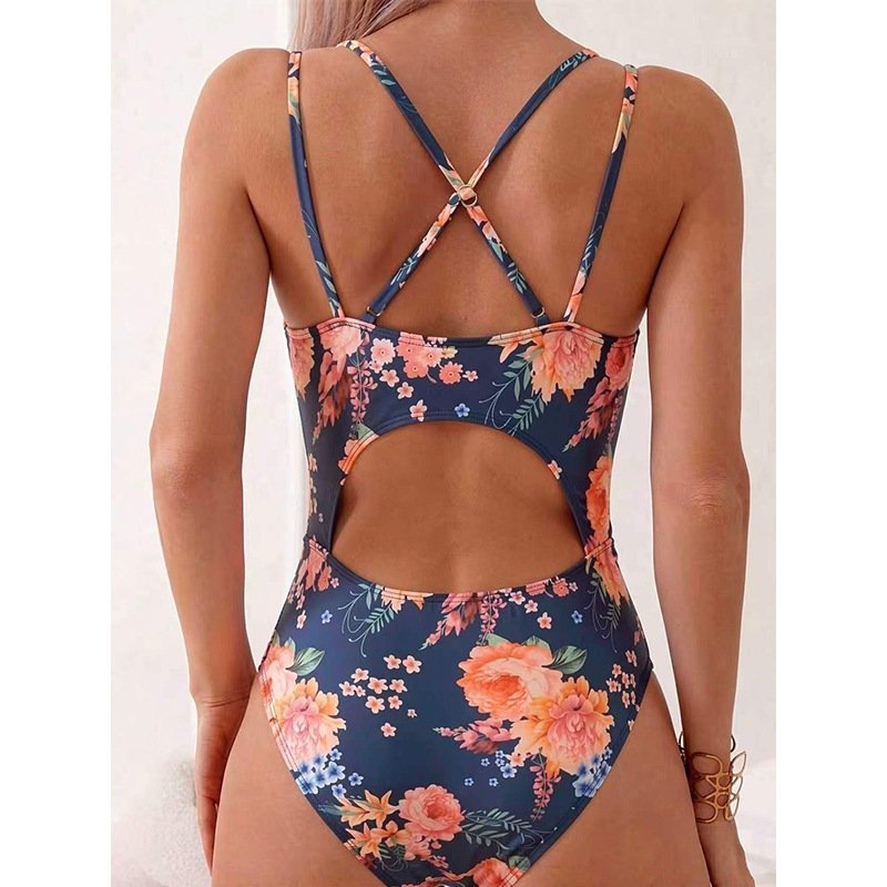 Plunge Neck Crisscross Back One-Piece Swimsuit