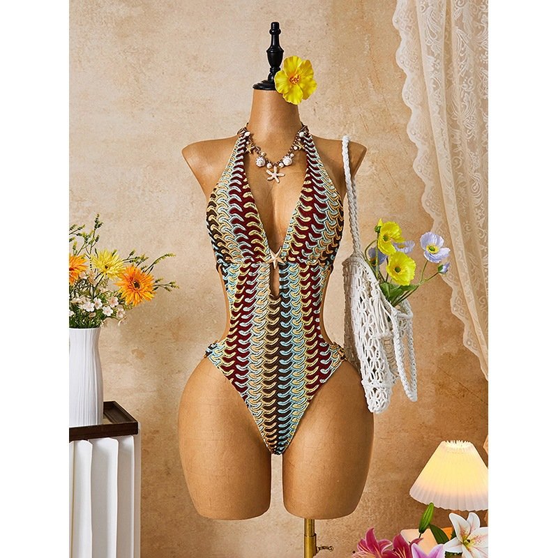 Multicolor scale print halter neck plunge one-piece swimsuit with front cutout and high-cut legs.