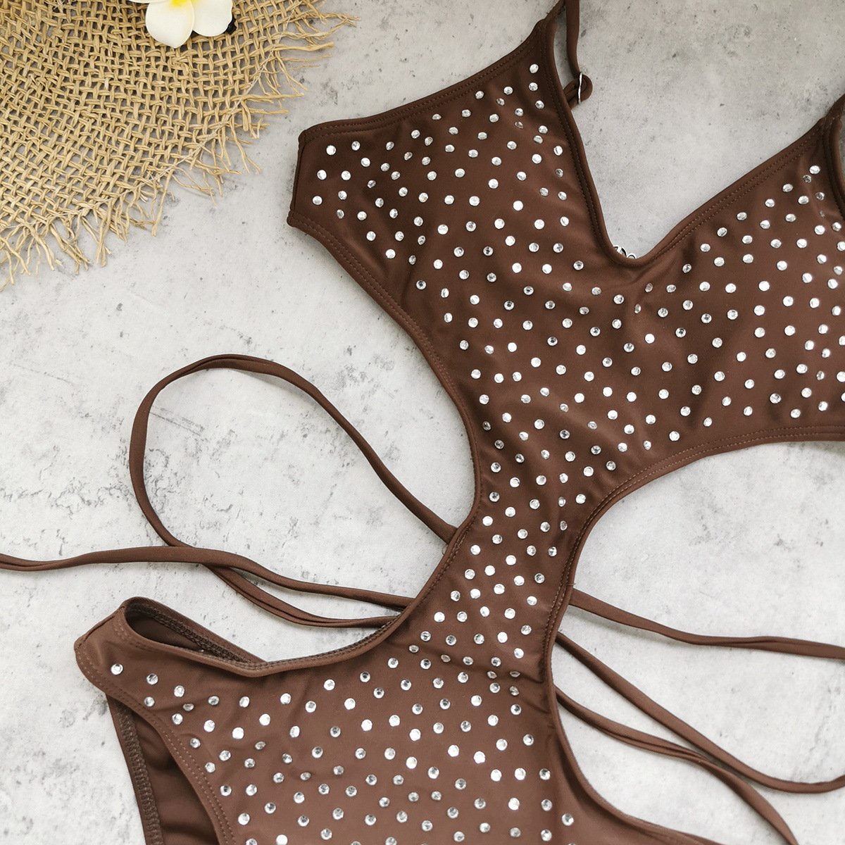 Brown embellished cutout monokini with rhinestone detailing and side ties.