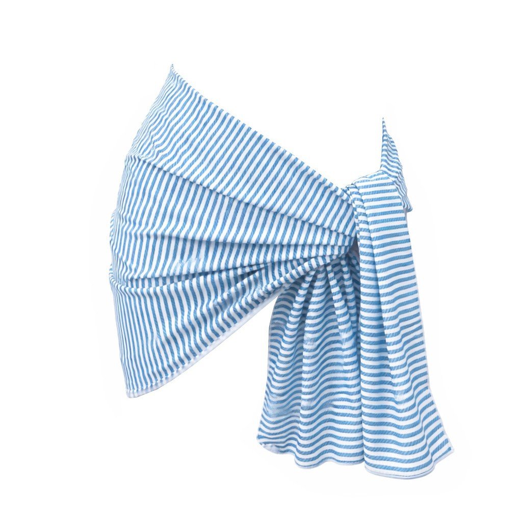 Blue and white striped one-piece swimsuit featuring a large side bow detail.