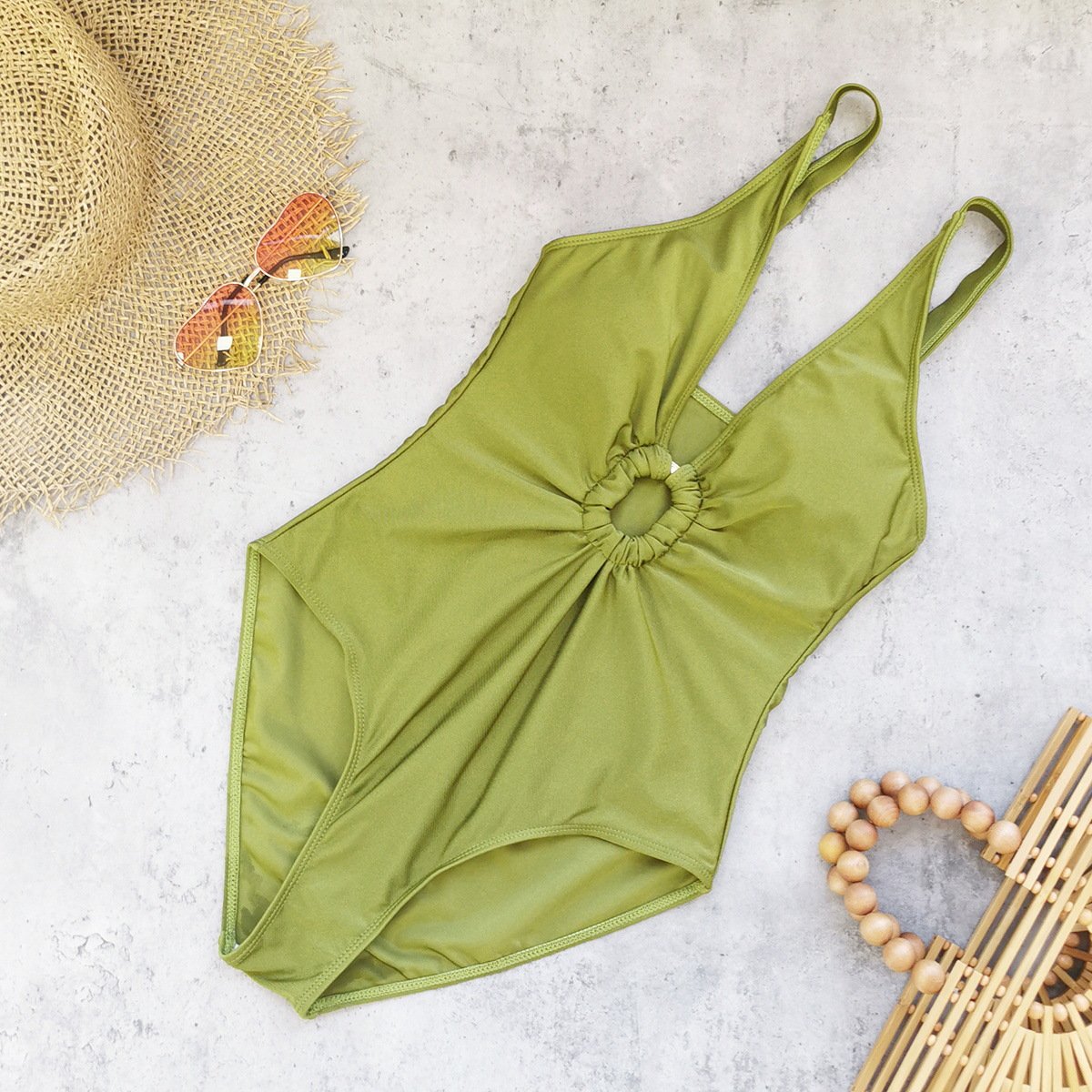 Ring-Detail Halter One-Piece Swimsuit with Tie Wrap Skirt
