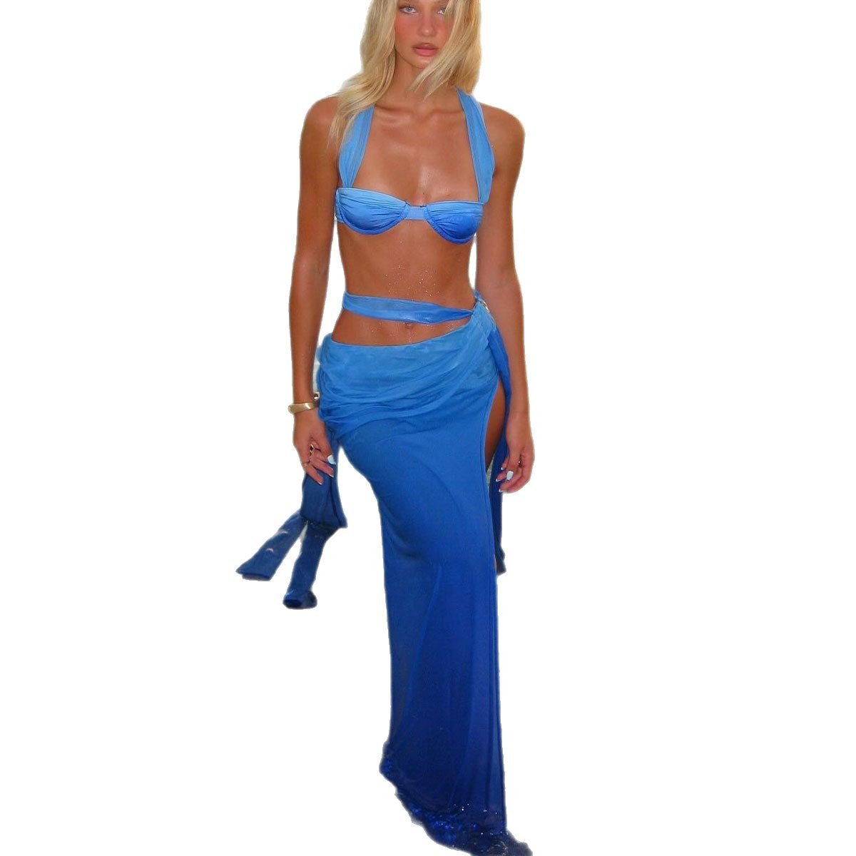 Blue halter bikini top with gathered cups and matching wrap skirt featuring a high side slit.
