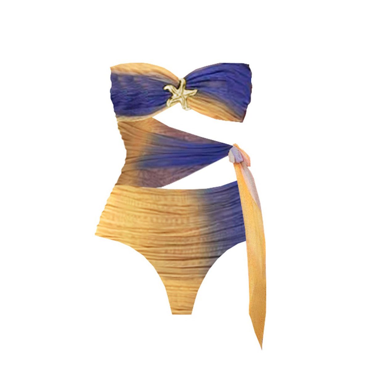 Strapless ruched one-piece swimsuit with gradient blue and gold fabric, starfish accent, and side tie.