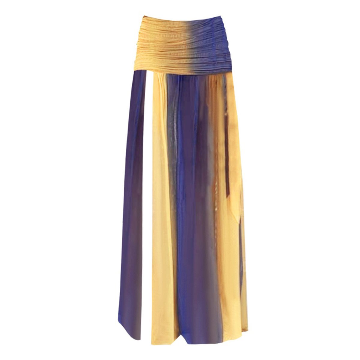 Gradient yellow and blue high-waisted ruched skirt with long side ties and flowing fabric.