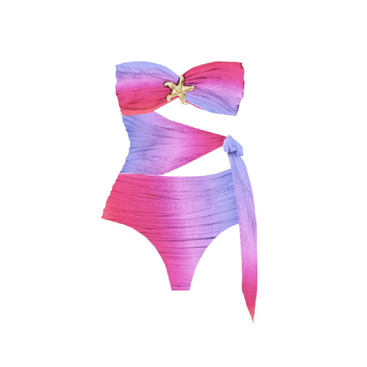 Pink and purple gradient strapless ruched one-piece swimsuit with starfish accent and side tie cutouts.