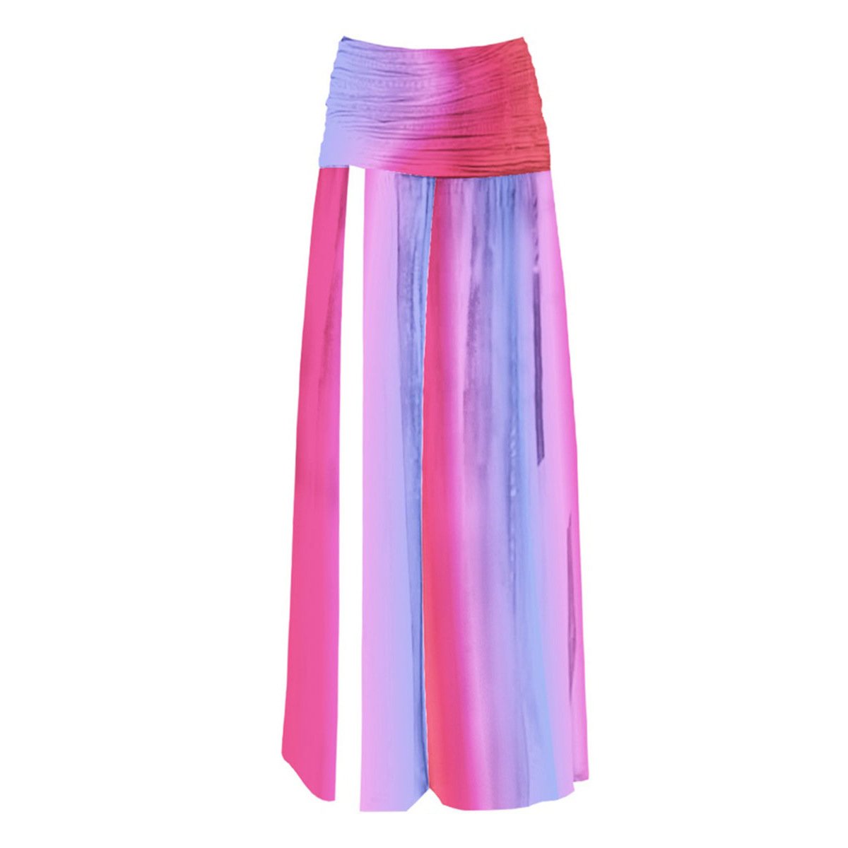 Pink and purple gradient wrap skirt with a ruched waistband and long flowing side ties.