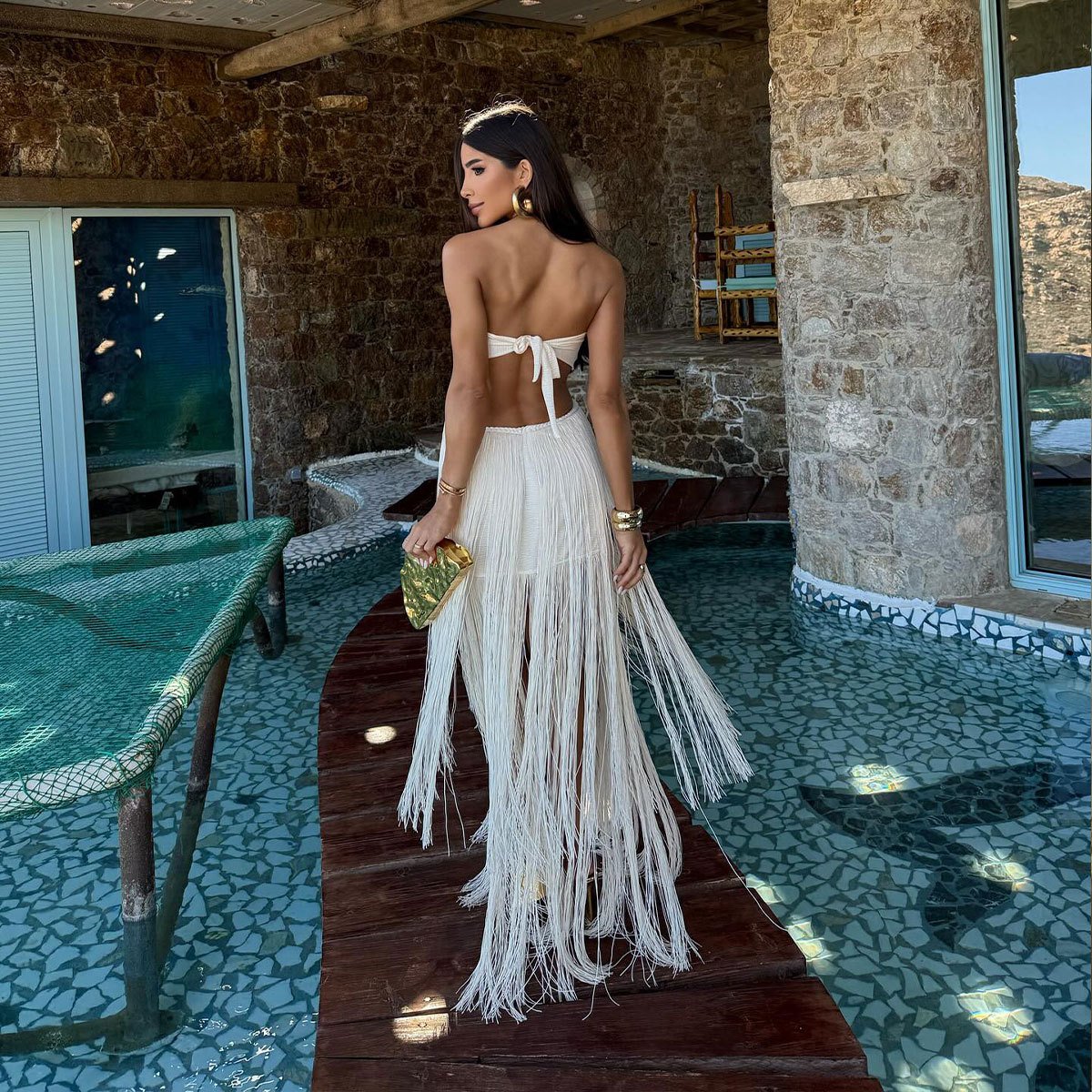 Strapless Fringe One-Piece Swimsuit with Cutout and Ring Detail