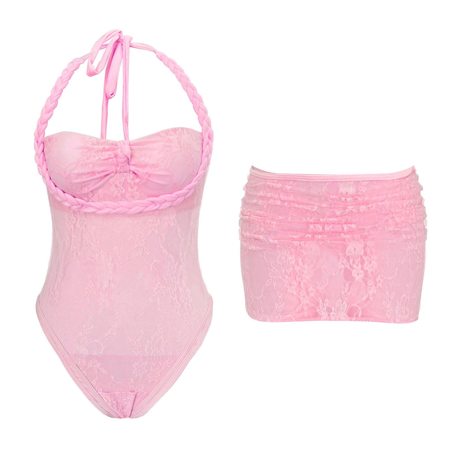 Pink braided halter one-piece swimsuit with sheer lace overlay and matching mini skirt.
