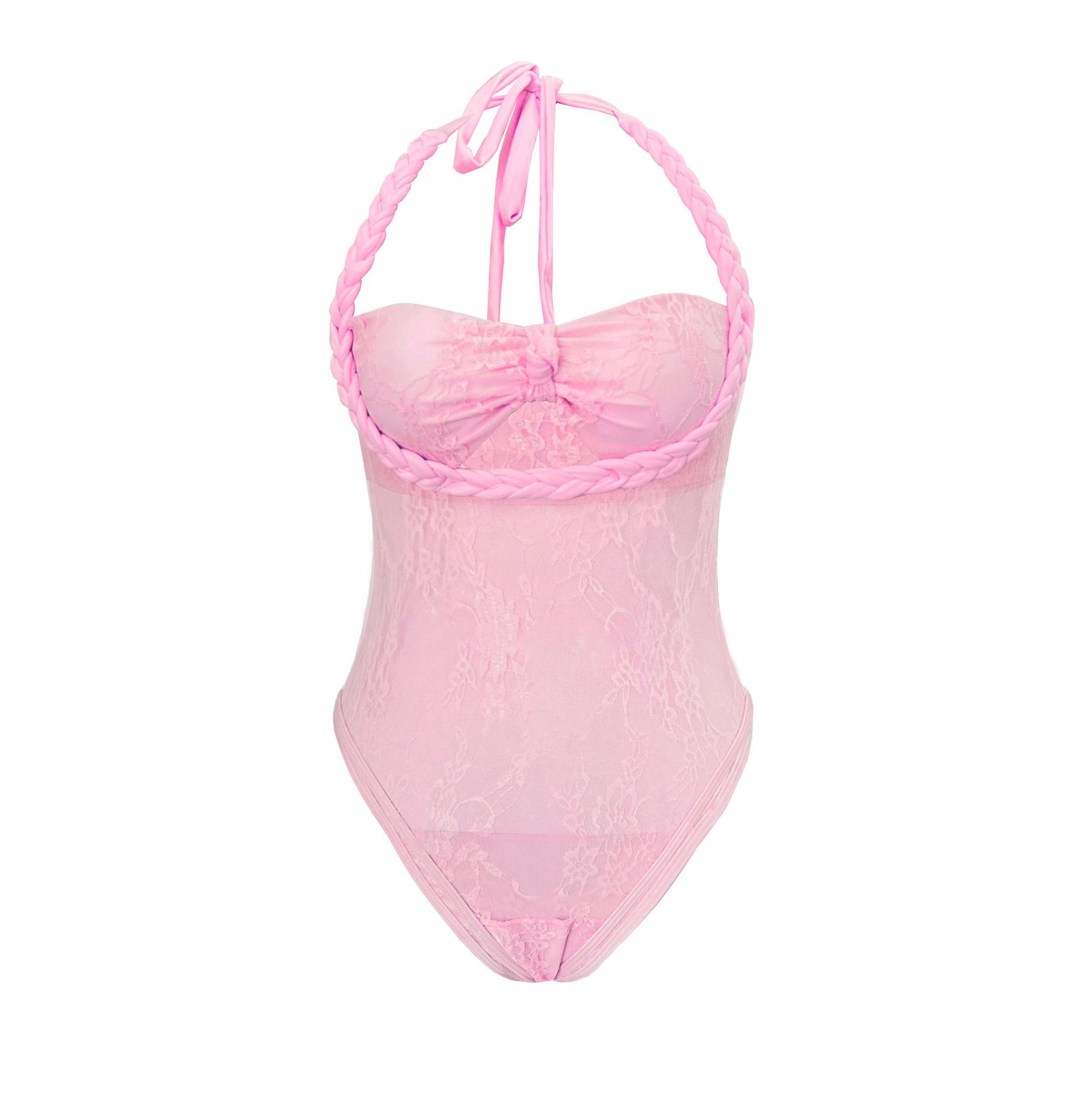 Pink braided halter one-piece swimsuit featuring sheer lace overlay and front knot detail.