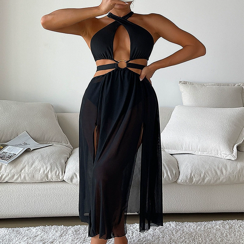 Halter Cutout One-Piece Swim Dress with O-Ring Maxi Skirt view 6