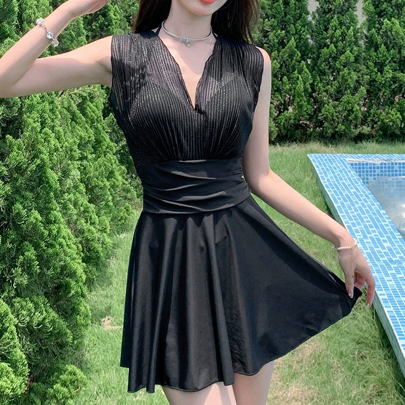 Women’s V-Neck Pleated One-Piece Swim Dress with Flared Skirt