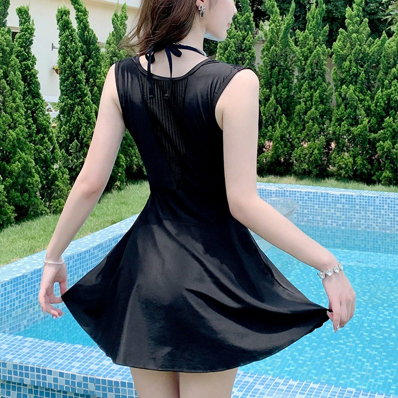 Women’s V-Neck Pleated One-Piece Swim Dress with Flared Skirt