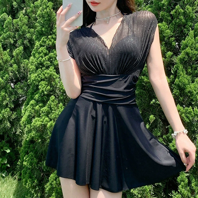 Women's V-Neck Pleated One-Piece Swim Dress with Flared Skirt view 4