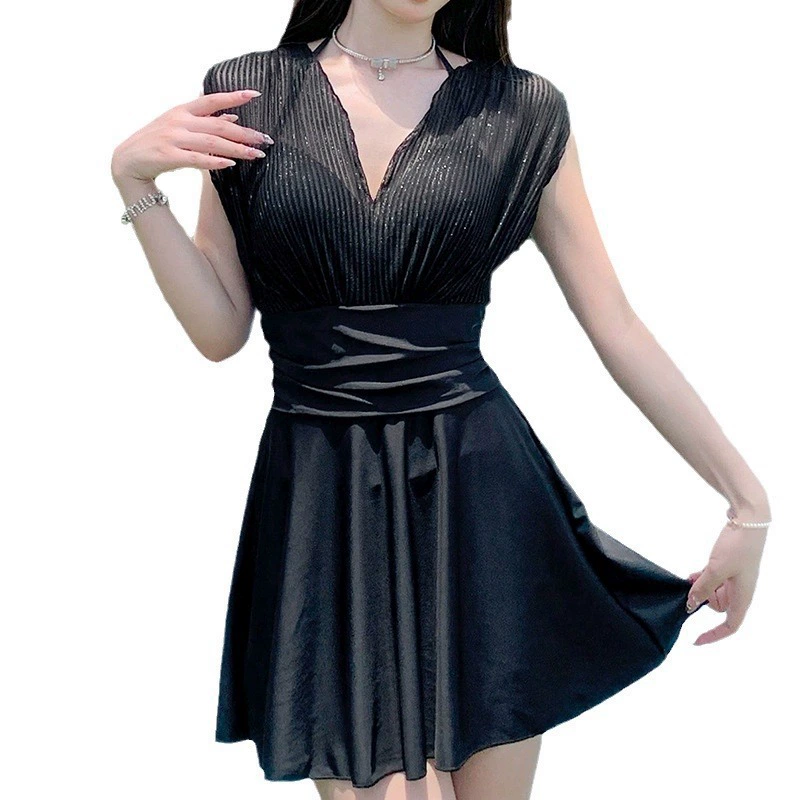 Women's V-Neck Pleated One-Piece Swim Dress with Flared Skirt view 5