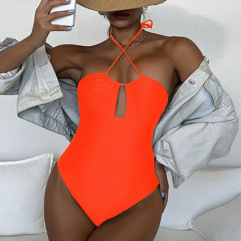 Women’s Cross Strap Halter Keyhole One-Piece Swimsuit