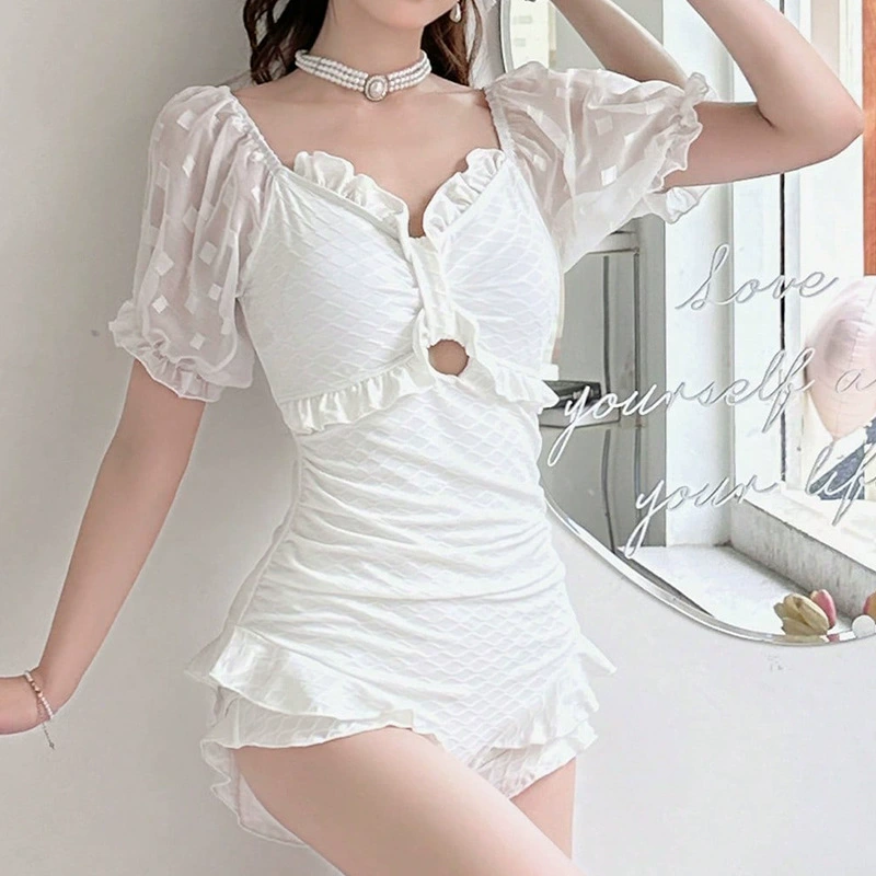 Women’s Ruffled One-Piece Swimsuit with Puff Sleeves and Keyhole Cutout