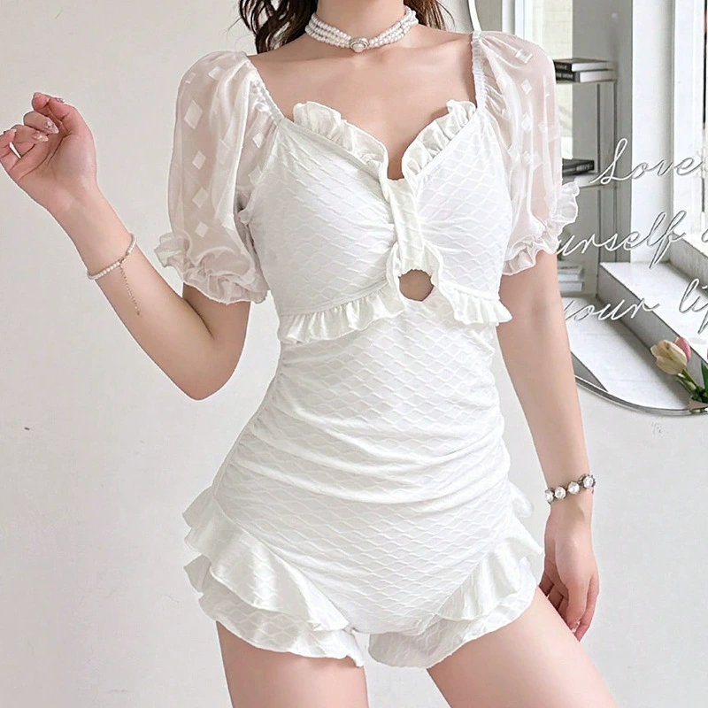 Women's Ruffled One-Piece Swimsuit with Puff Sleeves and Keyhole Cutout view 6