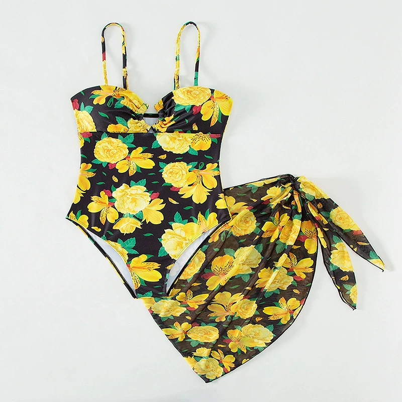 Women's One-Piece Swimsuit with Tie-Side Wrap Skirt Set view 3
