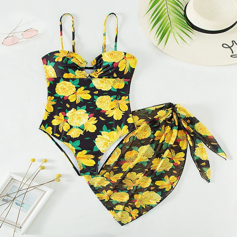 Women's One-Piece Swimsuit with Tie-Side Wrap Skirt Set view 7