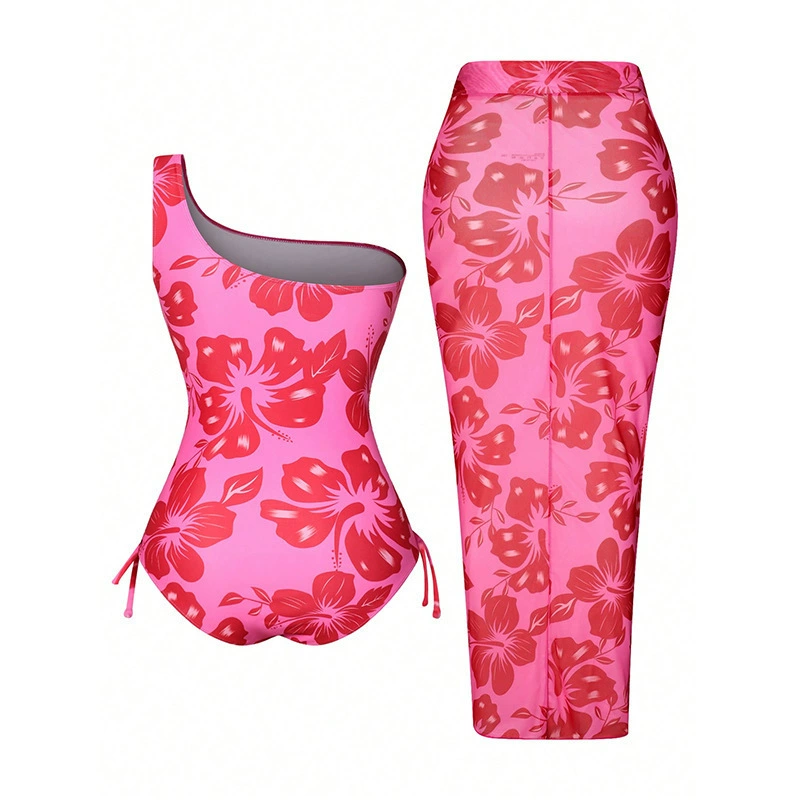 One Shoulder One-Piece Swimsuit and Maxi Skirt Two-Piece Set