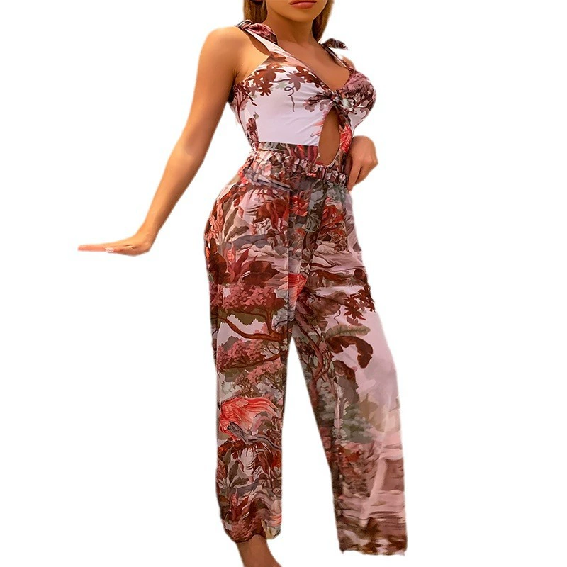 Women's Tie Strap Keyhole One-Piece Swimsuit with Wide Leg Pants Set view 5